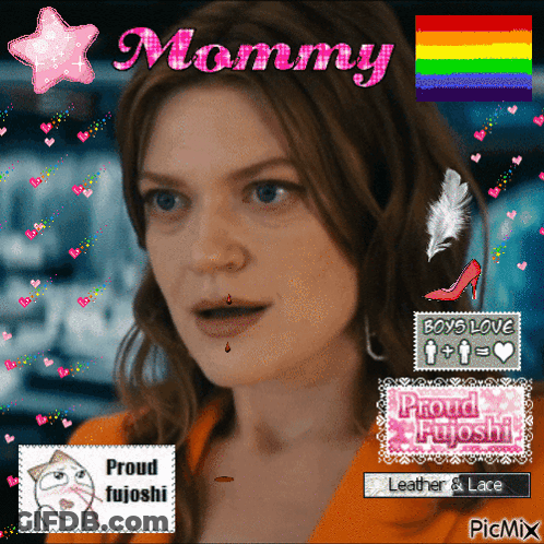 A Picture Of A Woman With The Word Mommy On Top Of Her Head GIF