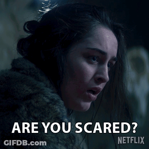 A Picture Of A Woman With The Words " Are You Scared " On It GIF