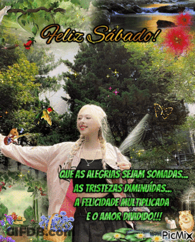 A Picture Of A Woman With The Words Feliz Sabado Written On It GIF