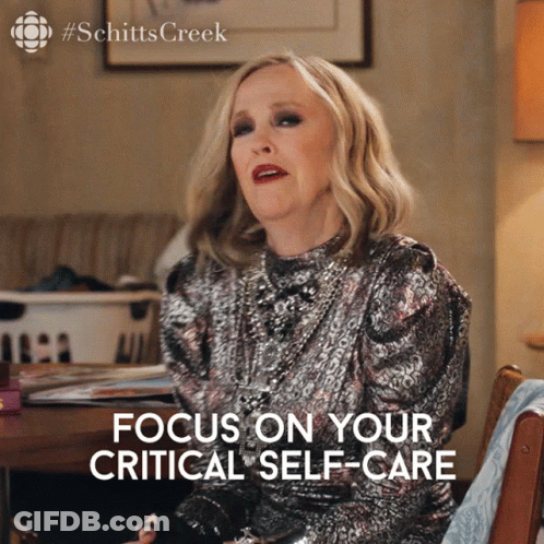 A Picture Of A Woman With The Words Focus On Your Critical Self-Care Below Her GIF