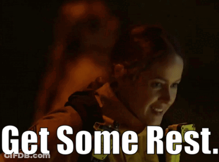 A Picture Of A Woman With The Words " Get Some Rest " Below Her GIF