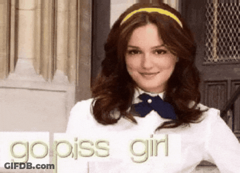 A Picture Of A Woman With The Words Go Piss Girl Written On It GIF