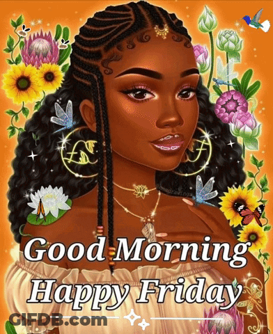 A Picture Of A Woman With The Words Good Morning Happy Friday On It GIF