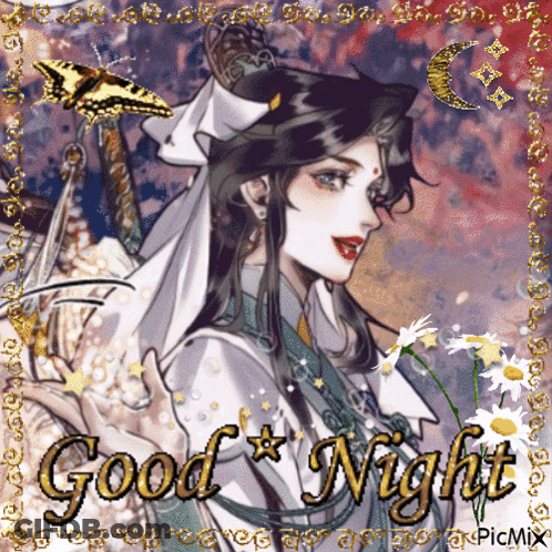 A Picture Of A Woman With The Words " Good Night " On The Bottom GIF