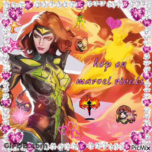 A Picture Of A Woman With The Words " Hop On Marvel Rivals " GIF