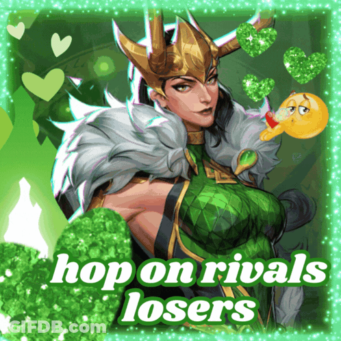 A Picture Of A Woman With The Words Hop On Rivals Losers On The Bottom GIF