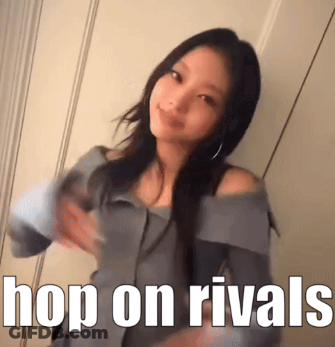 A Picture Of A Woman With The Words Hop On Rivals On It GIF
