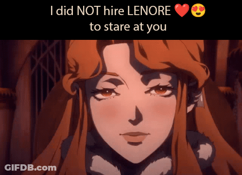 A Picture Of A Woman With The Words " I Did Not Hire Leonore To Stare At You " GIF