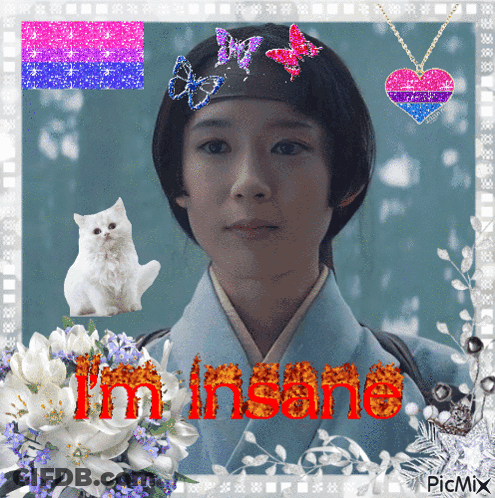 A Picture Of A Woman With The Words I 'M Insane Written In Red GIF