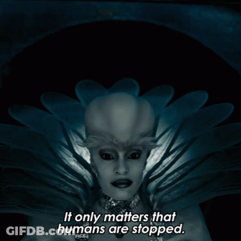 A Picture Of A Woman With The Words " It Only Matters That Humans Are Stopped " Below Her GIF