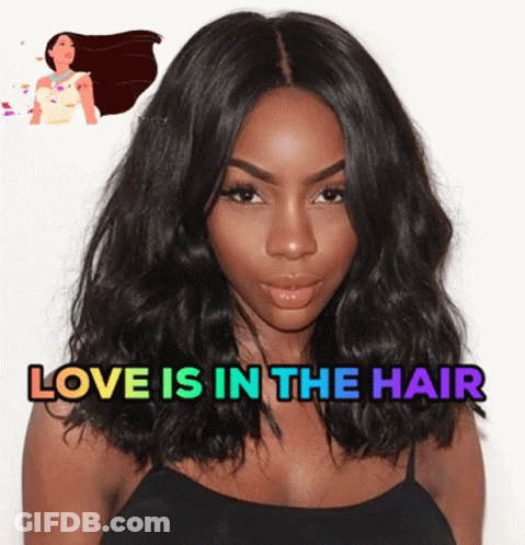 A Picture Of A Woman With The Words Love Is In The Hair Behind Her GIF