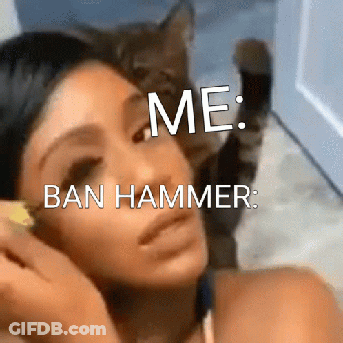 A Picture Of A Woman With The Words Me Ban Hammer Written On It GIF