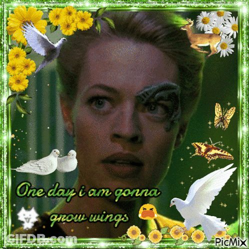 A Picture Of A Woman With The Words One Day I Am Gonna Grow Wings Surrounded By Flowers And Birds GIF
