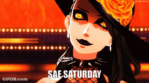 A Picture Of A Woman With The Words Sae Saturday Written On It GIF