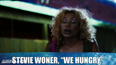 A Picture Of A Woman With The Words Stevie Woner We Hungry On The Bottom GIF