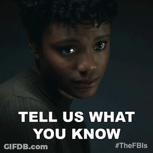 A Picture Of A Woman With The Words Tell Us What You Know On It GIF