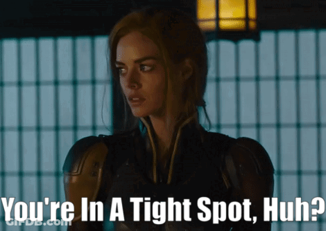 A Picture Of A Woman With The Words " You 'Re In A Tight Spot Huh " Below Her GIF