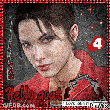 A Picture Of A Woman With Two Guns And The Words Hello Goat I Love Guns GIF