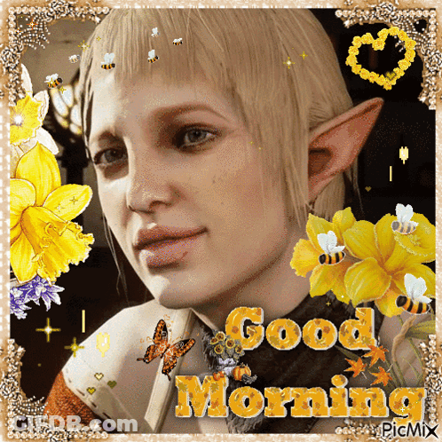 A Picture Of A Woman With Yellow Flowers And The Words " Good Morning " GIF
