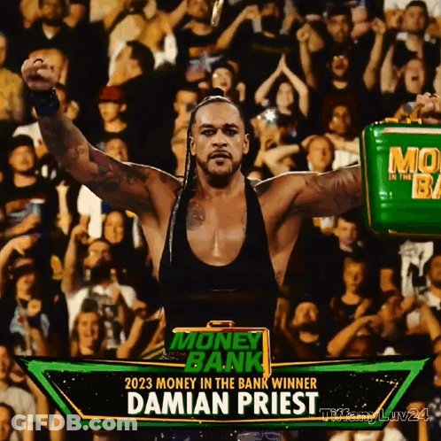 A Picture Of A Wrestler Named Damian Priest Holding A Money In The Bank Briefcase GIF