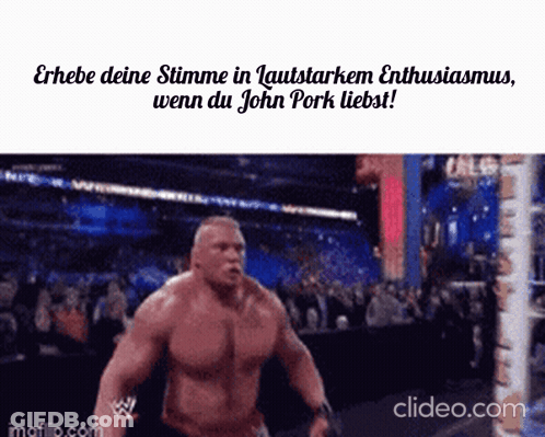 A Picture Of A Wrestler With The Words Erhebe Deine Stimme In Lautstarkem Enthusiasmus GIF