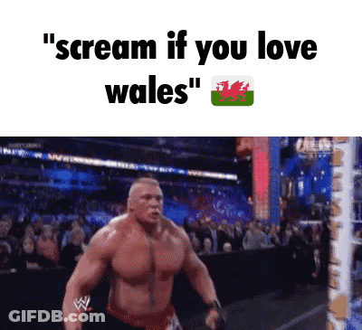 A Picture Of A Wrestler With The Words " Scream If You Love Wales " Below Him GIF