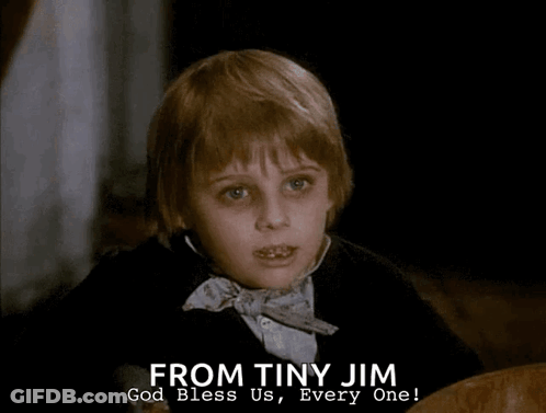 A Picture Of A Young Boy With The Words From Tiny Jim Above Him GIF