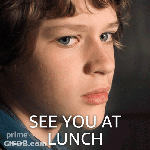 A Picture Of A Young Boy With The Words See You At Lunch Below It GIF