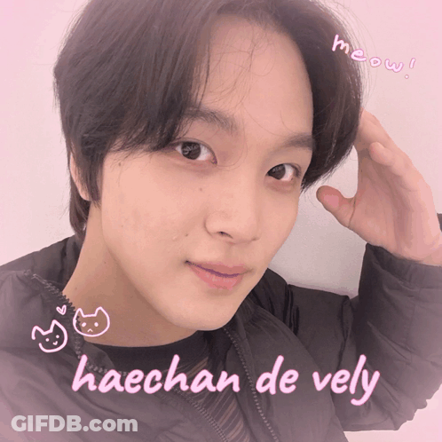 A Picture Of A Young Man With The Name Haechan De Vely Written On It GIF