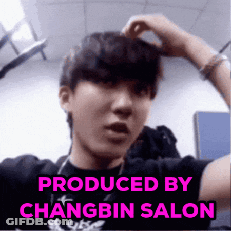A Picture Of A Young Man With The Words Produced By Changbin Salon On The Bottom GIF