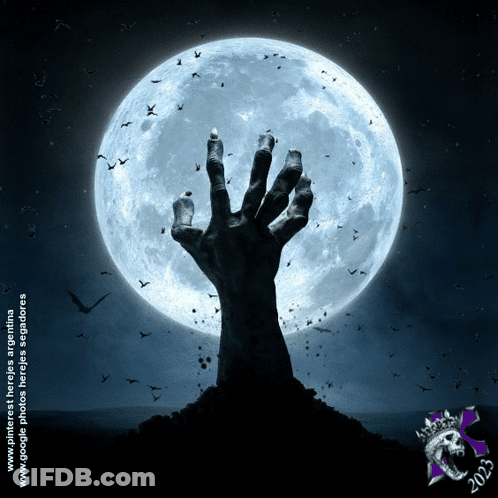 A Picture Of A Zombie Hand Reaching Out Towards The Moon GIF