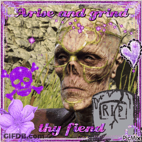 Zombie With Purple Flowers Arrive And Grind GIF