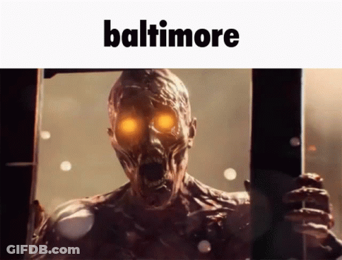 A Picture Of A Zombie With The Word Baltimore Written Above It GIF