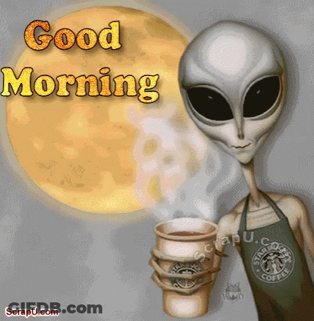 A Picture Of An Alien Holding A Starbucks Coffee Cup GIF
