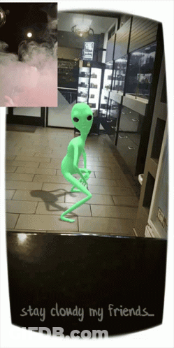A Picture Of An Alien With The Words Stay Cloudy My Friends GIF