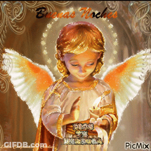 A Picture Of An Angel Holding A Candle With The Words Dios Te Bendiga On The Bottom GIF