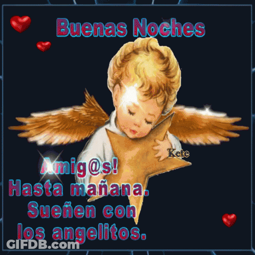 A Picture Of An Angel Holding A Star With The Words " Buenas Noches " On The Bottom GIF