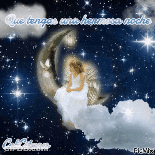 A Picture Of An Angel Sitting On A Crescent Moon With The Words Que Tengas Una Hermosa Noche GIF