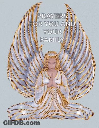 A Picture Of An Angel With Prayers For You And Your Family Written On It GIF