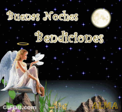 A Picture Of An Angel With The Words Buenas Noches Bendiciones Written On It GIF