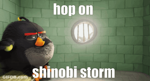 A Picture Of An Angry Bird With The Words Hop On Shinobi Storm GIF