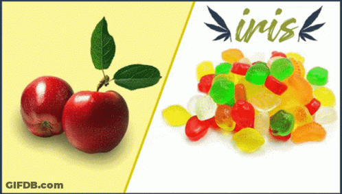 A Picture Of An Apple Next To A Pile Of Gummy Candy GIF