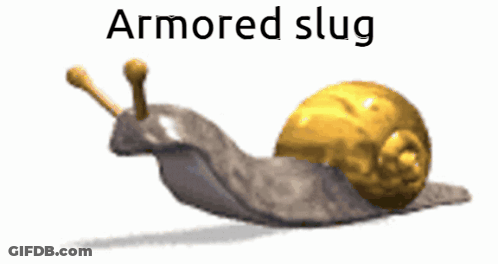 A Picture Of An Armored Slug With A Gold Shell On A White Background GIF