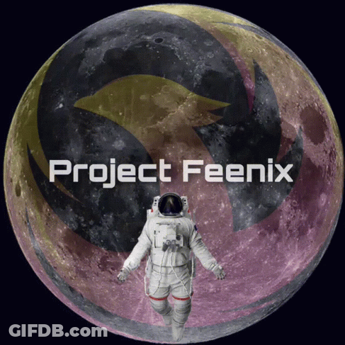 A Picture Of An Astronaut In Front Of A Full Moon With The Words Project Feenix GIF