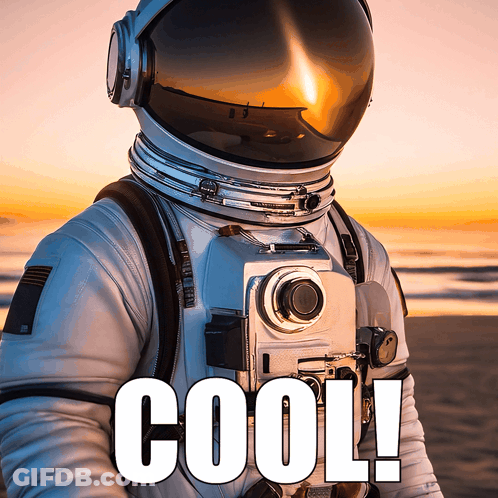 A Picture Of An Astronaut With The Word Cool Written Below Him GIF