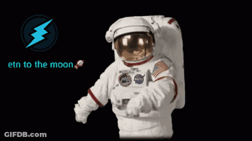 A Picture Of An Astronaut With The Words Etn To The Moon Below Him GIF