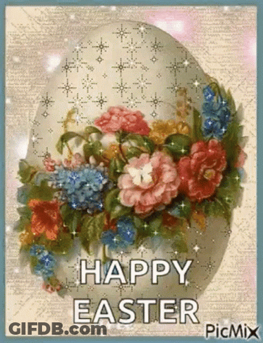 A Picture Of An Easter Egg Decorated With Flowers And The Words " Happy Easter " GIF