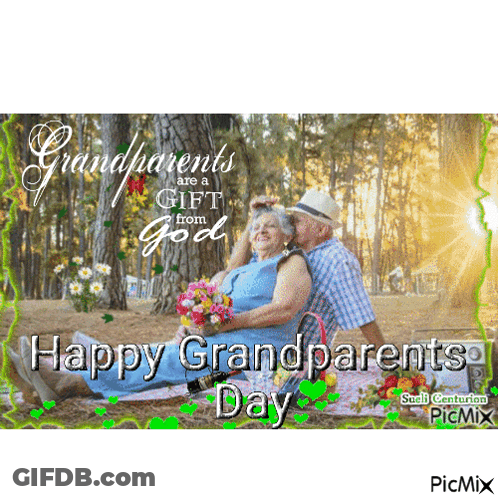 A Picture Of An Elderly Couple Sitting Under A Tree With The Words Grandparents Are A Gift From God GIF