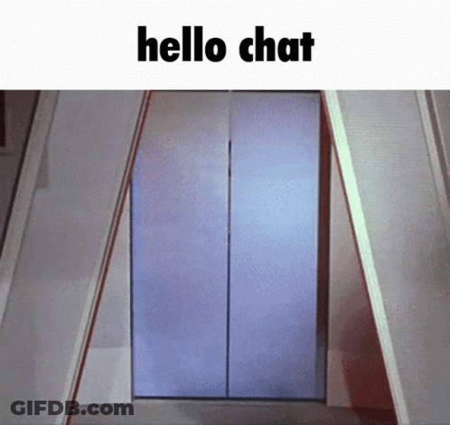 A Picture Of An Elevator With The Words Hello Chat On It GIF
