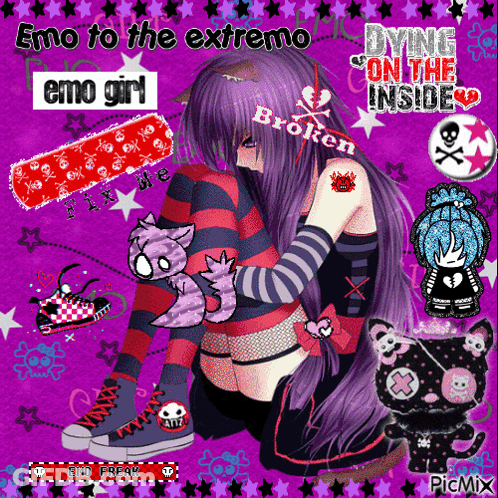 A Picture Of An Emo Girl With Purple Hair And A Cat GIF
